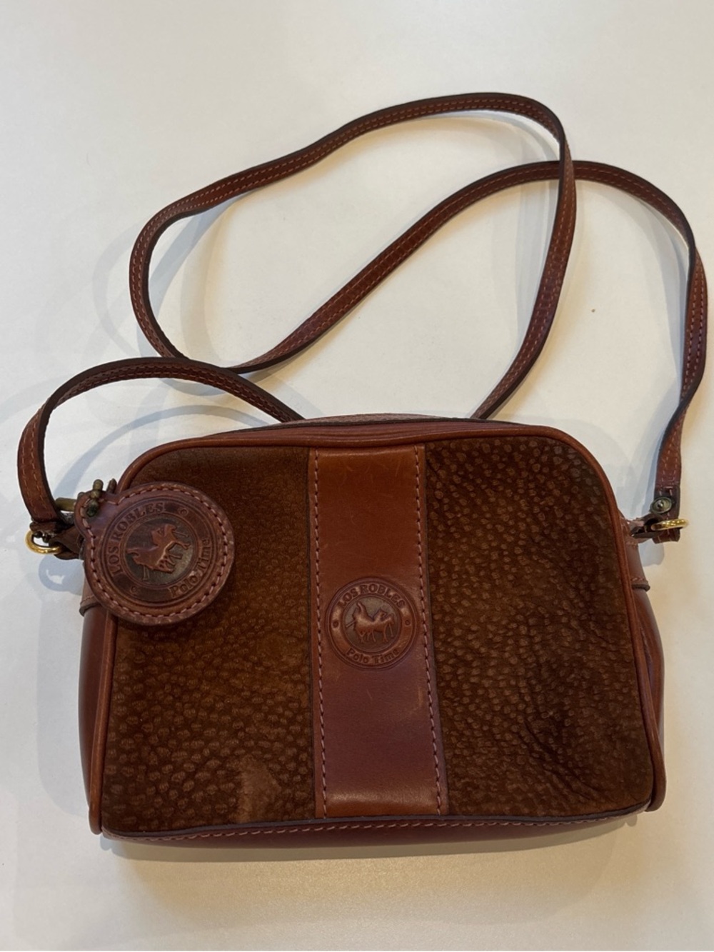 Brown Leather and Suede Crossbody Bag with Round Logo Accent